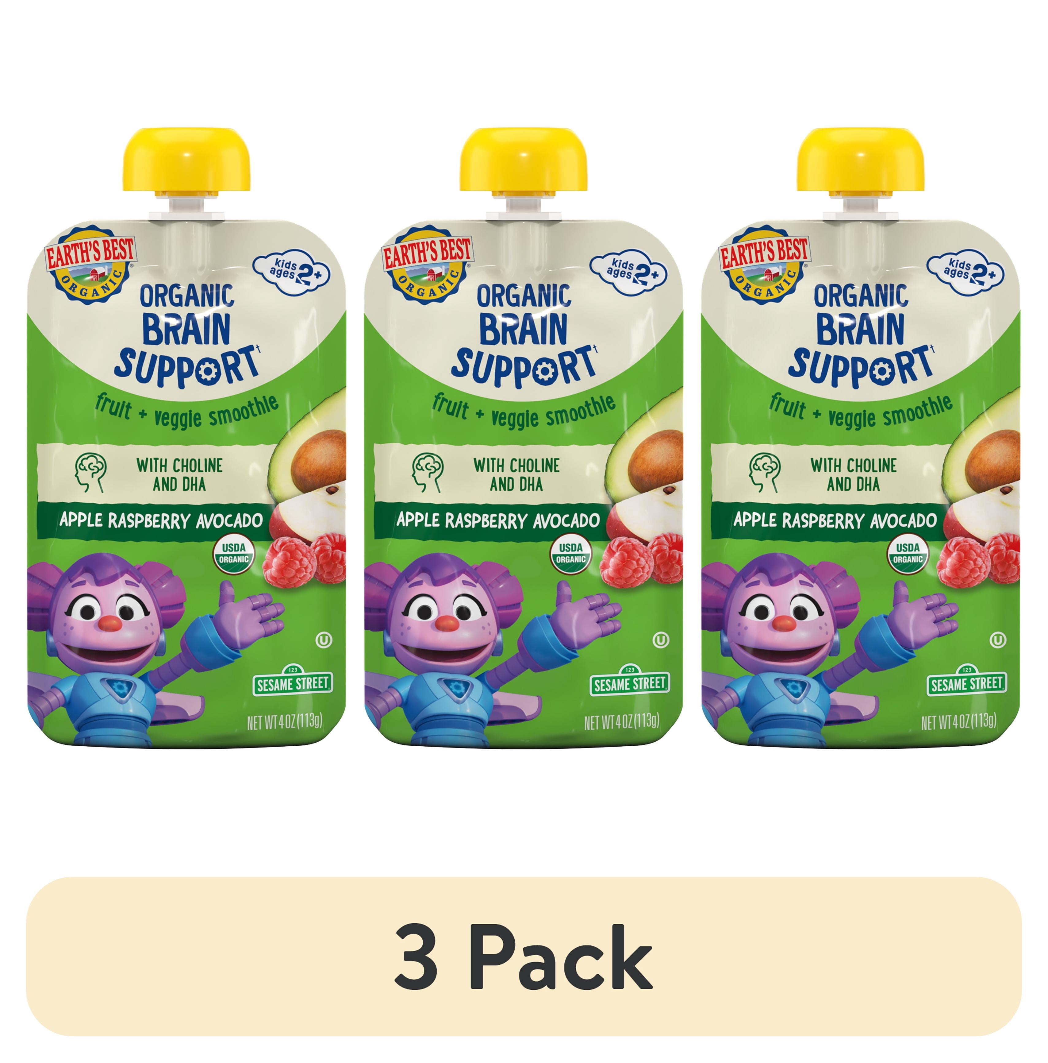 (3 pack) Earth's Best Organic Brain Support Toddler Food, Apple Raspberry Avocado Smoothie, 4 oz Pouch