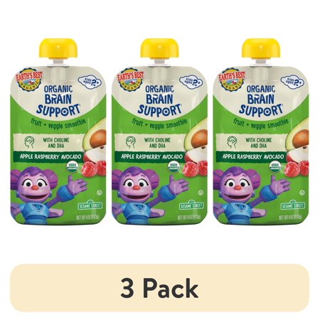 (3 pack) Earth's Best Organic Brain Support Toddler Food, Apple Raspberry Avocado Smoothie, 4 oz Pouch
