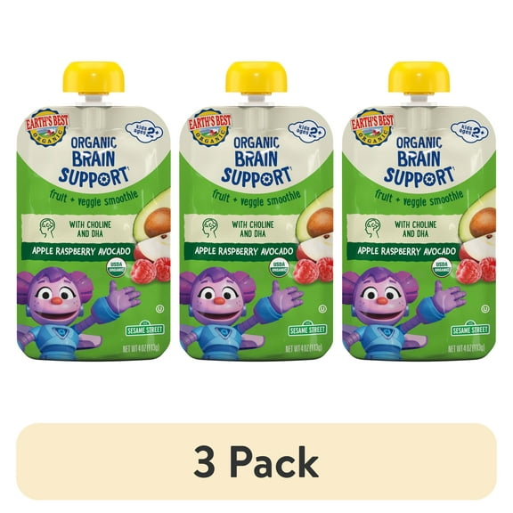 (3 pack) Earth's Best Organic Brain Support Toddler Food, Apple Raspberry Avocado Smoothie, 4 oz Pouch