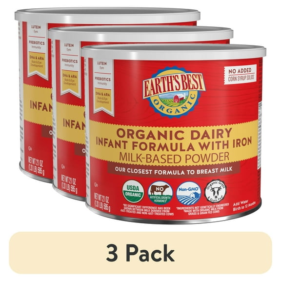 (3 pack) Earth's Best Organic Dairy Powder Baby Formula with Iron DHA & ARA, 21 oz Canister