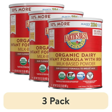 (3 pack) Earth's Best Organic Dairy Powder Baby Formula with Iron DHA & ARA, 32 oz Canister