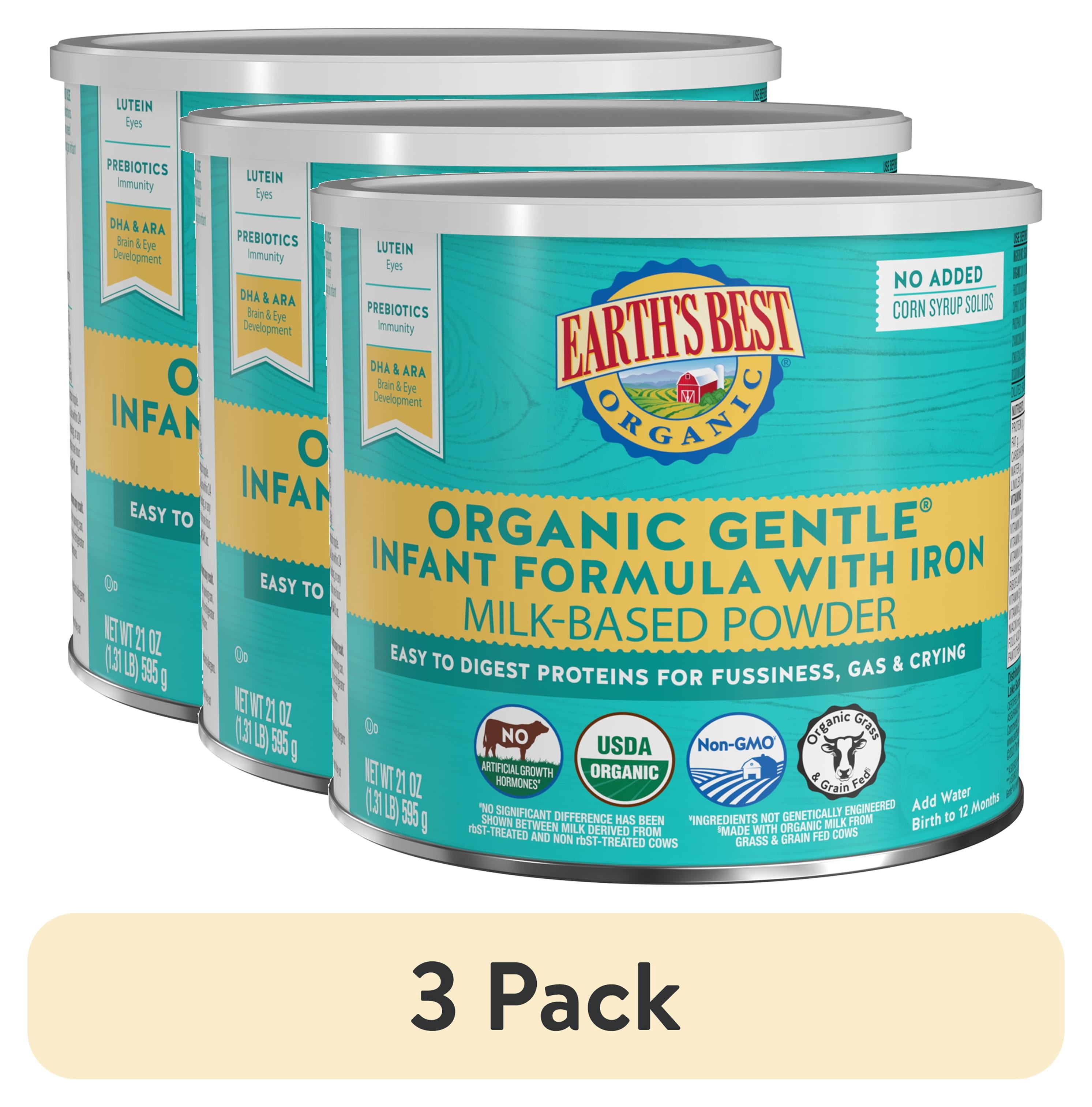 (3 pack) Earth's Best Organic Gentle Powder Baby Formula with Iron DHA & ARA, 21 oz Canister
