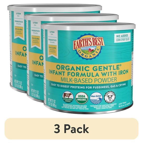 (3 pack) Earth's Best Organic Gentle Powder Baby Formula with Iron DHA & ARA, 21 oz Canister
