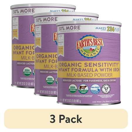 (3 pack) Earth's Best Organic Sensitivity Powder Baby Formula with Iron DHA & ARA, 32 oz Canister