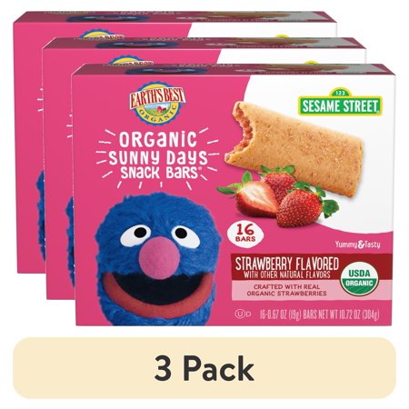 (3 pack) Earth's Best Organic Sesame Street Strawberry Sunny Days Snack Bars, 10.72 oz Box (16 Count)