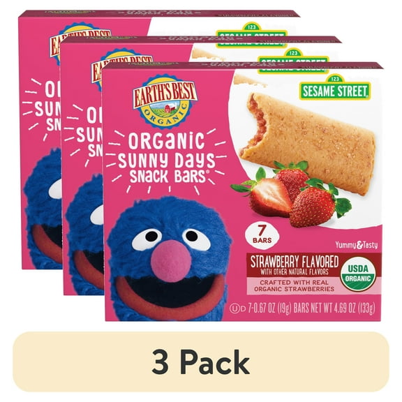 (3 pack) Earth's Best Organic Sesame Street Strawberry Sunny Days Snack Bars, 4.69 oz Box (7 Count)