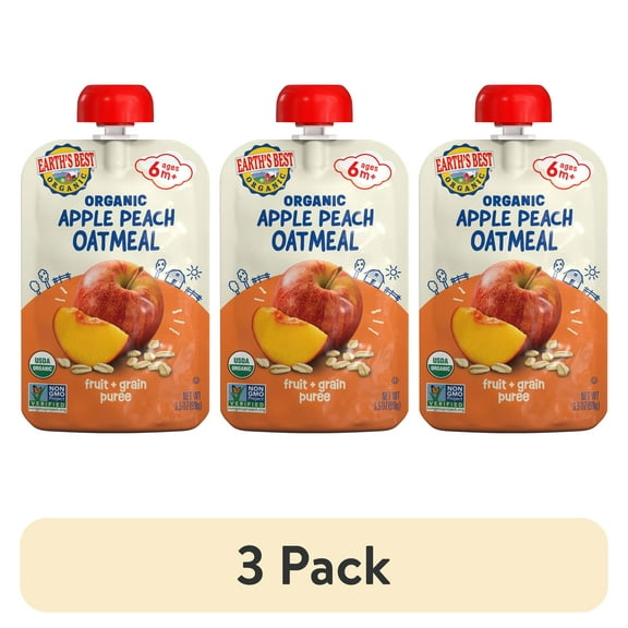 (3 pack) Earth's Best Organic Stage 2 Baby Food, Apple Peach Oatmeal Fruit & Grain Puree, 3.5 oz Pouch