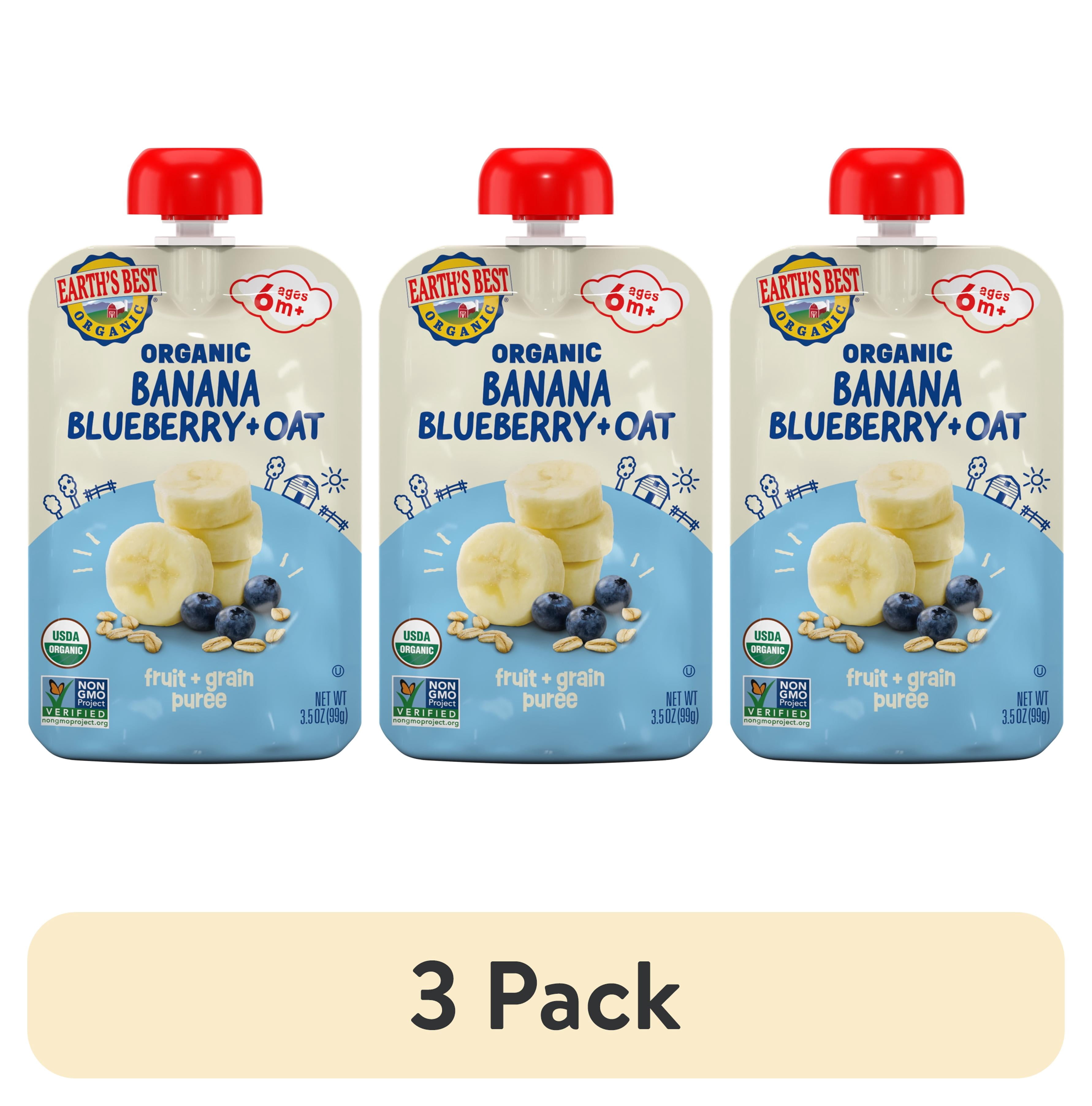 (3 pack) Earth's Best Organic Stage 2 Baby Food, Banana Blueberry Oat Fruit & Grain Puree, 3.5 oz Pouch