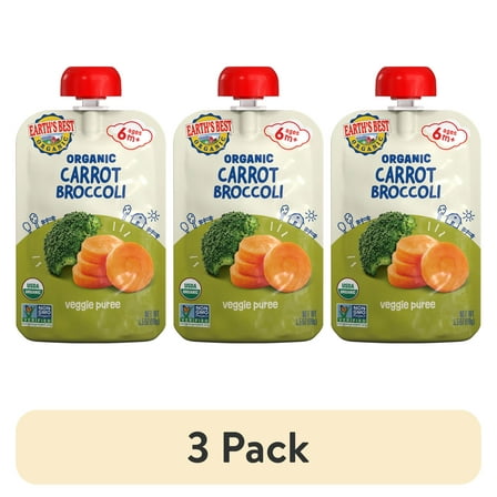 (3 pack) Earth's Best Organic Stage 2 Baby Food, Carrots Broccoli Veggie Puree, 3.5 oz Pouch
