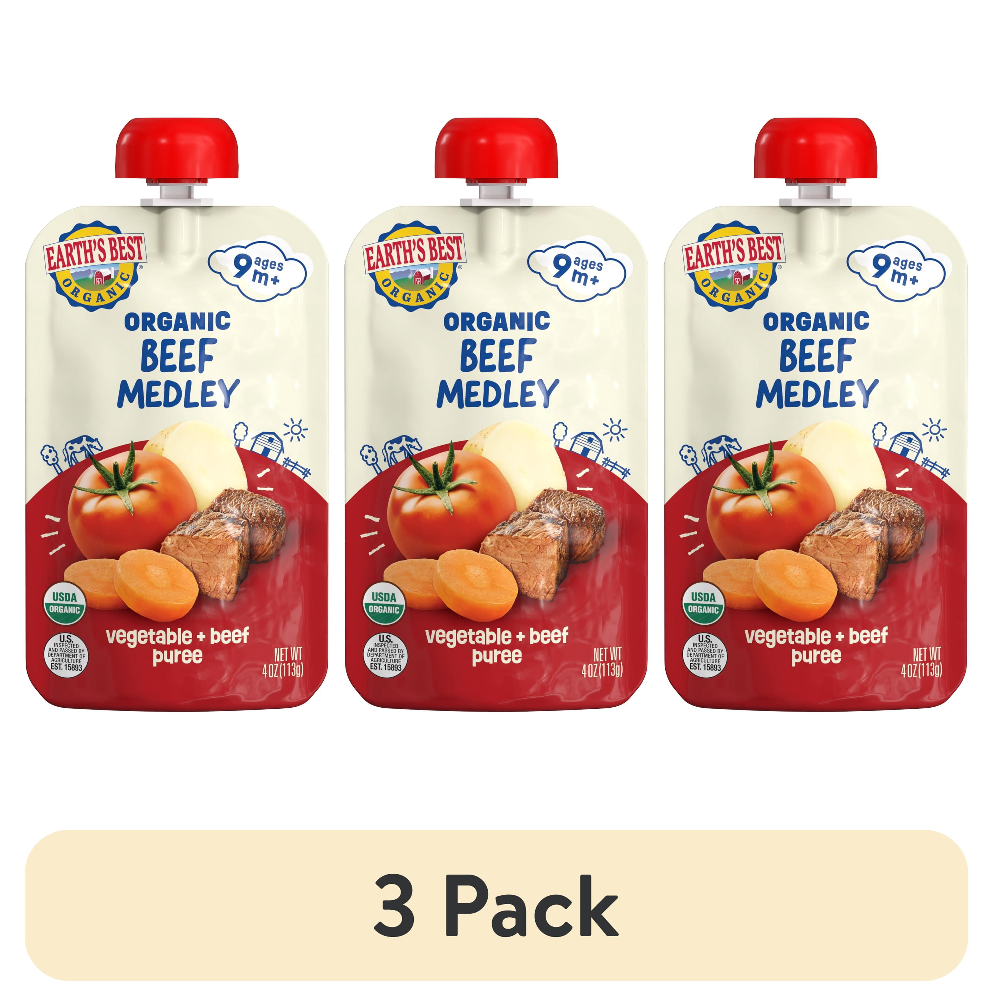 (3 pack) Earth's Best Organic Stage 3 Baby Food, Beef Medley Protein & Veggie Puree, 4 oz Pouch