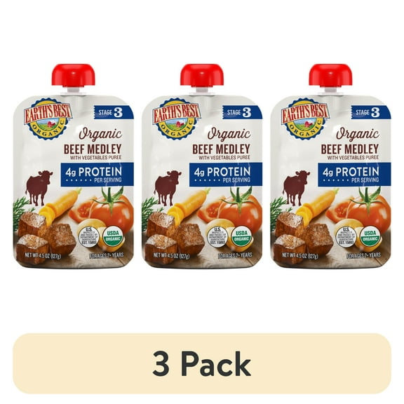 (3 pack) Earth's Best Organic Stage 3 Baby Food, Beef Medley with Vegetables, 4.5 oz Pouch