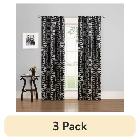 (3 pack) Eclipse Phoenix Solid Blackout Curtains, Set of 2, 84 Inch Long Blackout Curtains, 37"W x 84"L, Black Geo