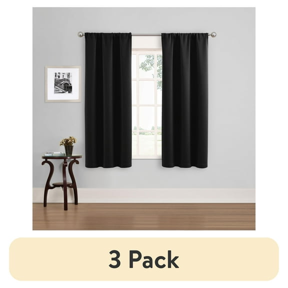 (3 pack) Eclipse Phoenix Solid Blackout Curtains, Set of 2, 63 Inch Long Blackout Curtains, 37"W x 63"L, Black