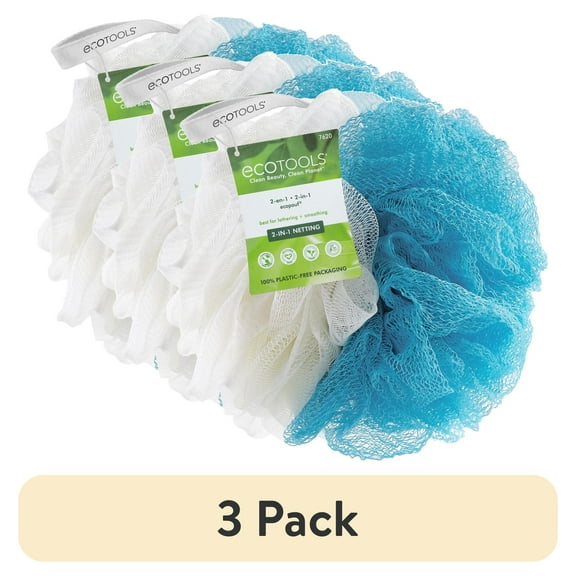 (3 pack) EcoTools 2-in-1 Bath Pouf, Body Cleansing Blue & Cream Loofah, for Adults,1 Count