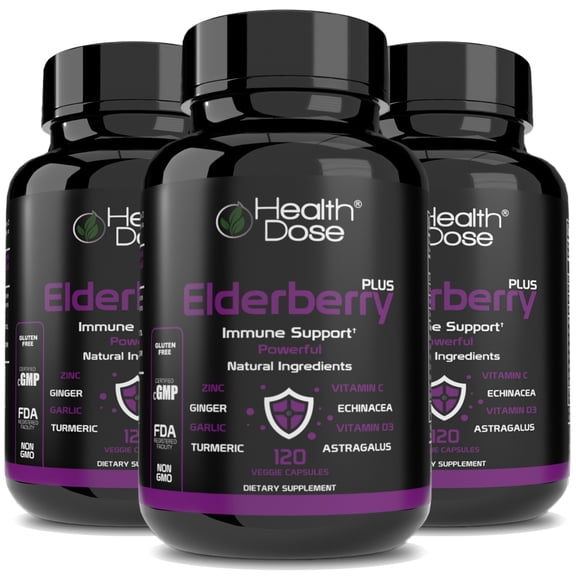 (3 pack) Elderberry Plus 11 in 1 Defense Immune Support Booster by Health Dose, with Vitamin C, Zinc, Echinacea, Vitamin D, Turmeric Curcumin, Ginger, Odorless Garlic, Powerful Supplement, 120 Capsules 2 Month