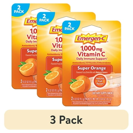 (3 pack) Emergen-C 1000mg Vitamin C Powder, with Antioxidants, B Vitamins and Electrolytes for Immune Support, Caffeine Free Vitamin C Supplement Fizzy Drink Mix, Super Orange Flavor - 72 Count