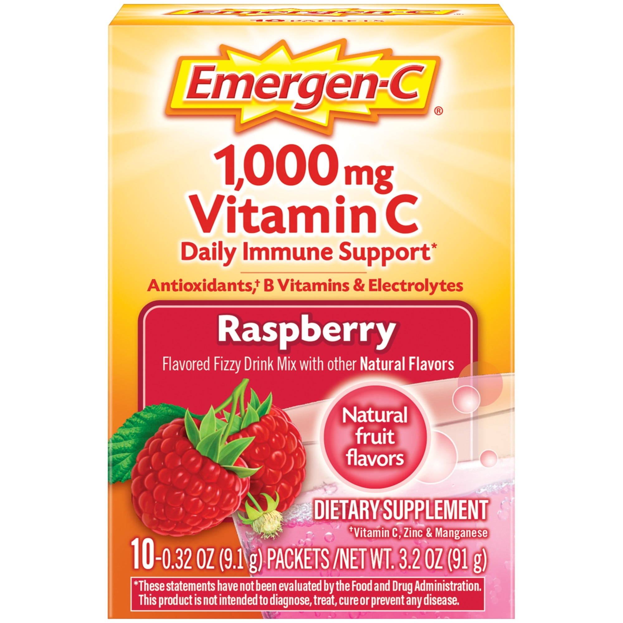 (3 pack) Emergen-C Daily Immune Support Vitamin C Supplement Powder, Raspberry, 10 Ct