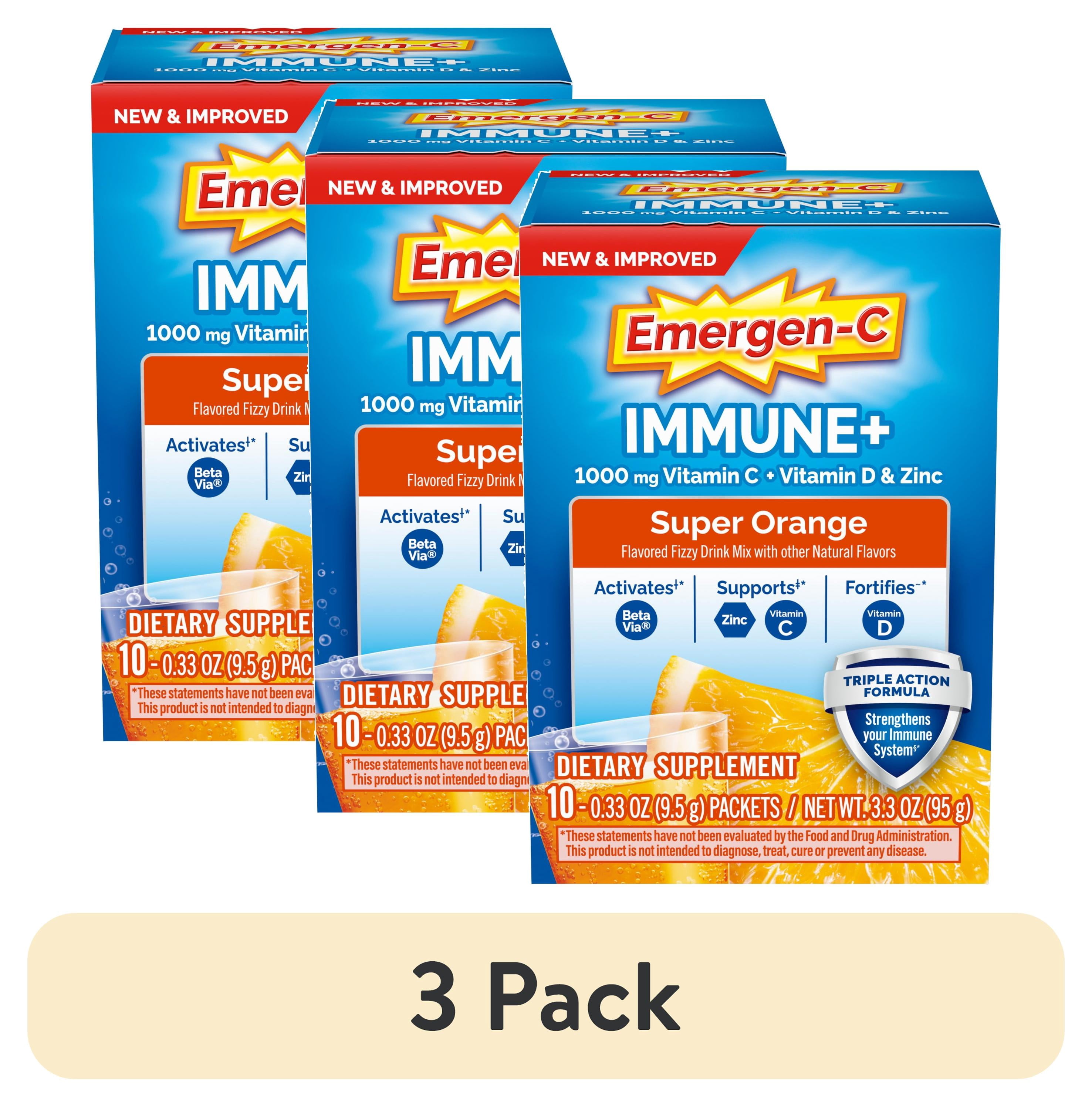 (3 pack) Emergen-C Immune+ Triple Action Immune Support Powder, Betavia (R), 1000Mg, Vitamins C, B,  D and Antioxidants, Super Orange – 10 Count