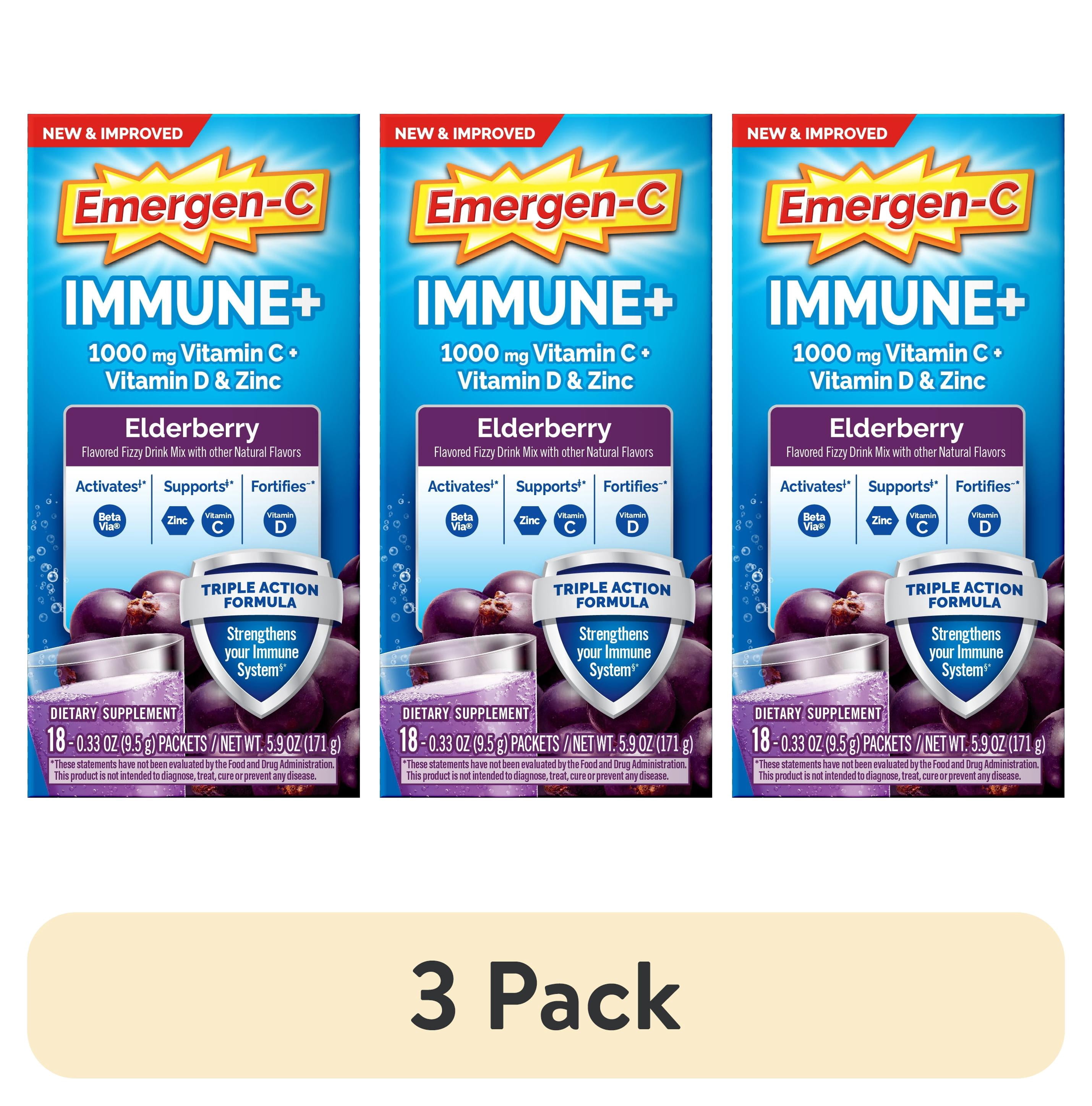 (3 pack) Emergen-C Immune+ Vitamin C Powder Supplement for Immune Support, Elderberry, 18 Ct