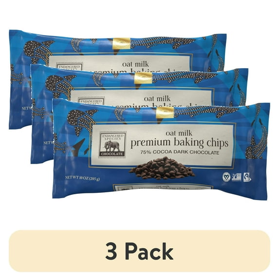 (3 pack) Endangered Species Chocolate Premium Oat Milk Dark Chocolate Baking Chips, 10 oz Bag, 75% Cocoa