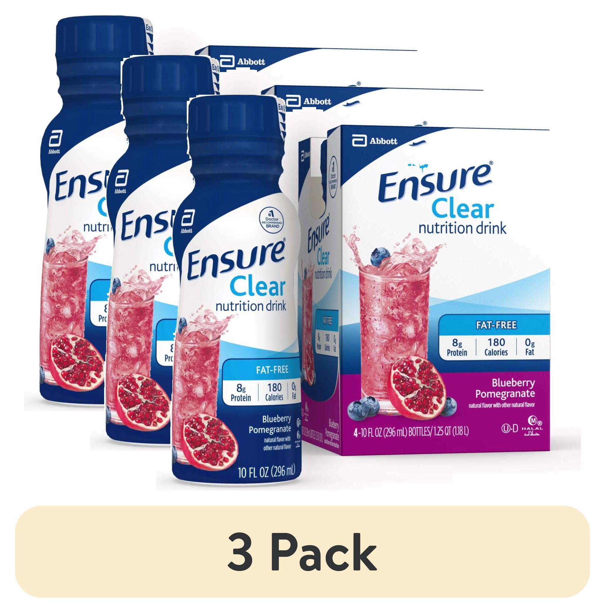 (3 pack) Ensure Clear Nutrition Drink, Fat-Free, Blueberry Pomegranate, 10 fl oz, 4 Pack