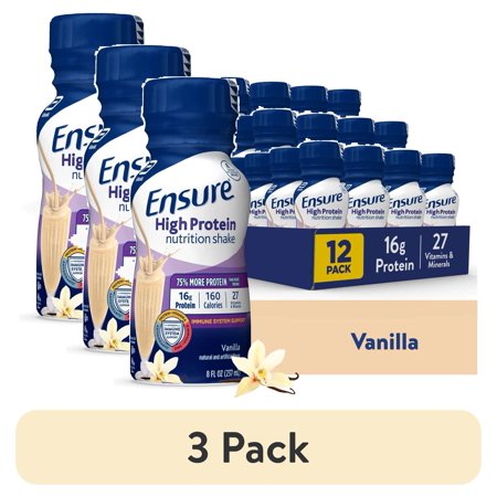 (3 pack) Ensure High Protein Nutrition Shake, Vanilla, 8 fl oz, 12 Count