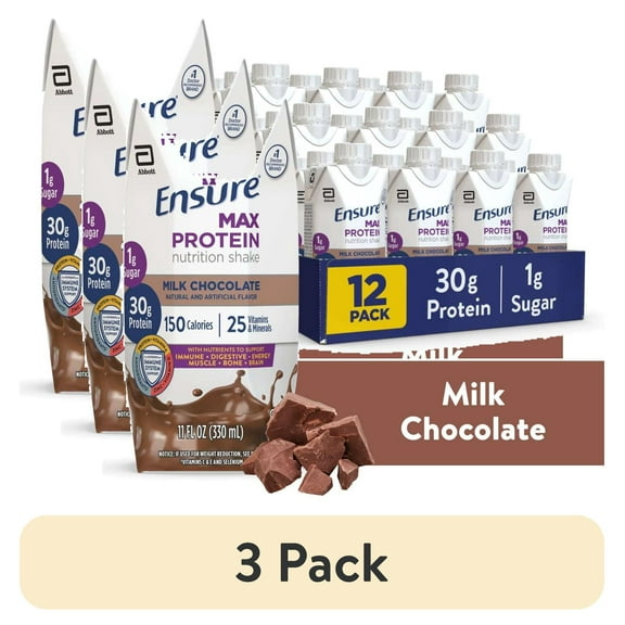 (3 pack) Ensure Max Protein Shake, 30g Protein, Milk Chocolate, 11 fl oz, 12 Pack