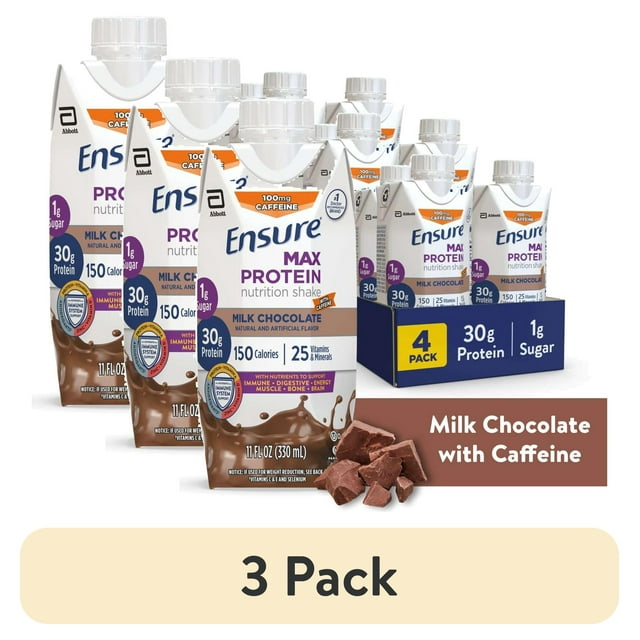 (3 pack) Ensure Max Protein Nutrition Shake, Milk Chocolate with Caffeine, 11 fl oz, 4 Count