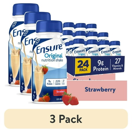 (3 pack) Ensure Original Meal Replacement Nutrition Shake, Strawberry, Ready To Drink, 8 fl oz, 24 Pack