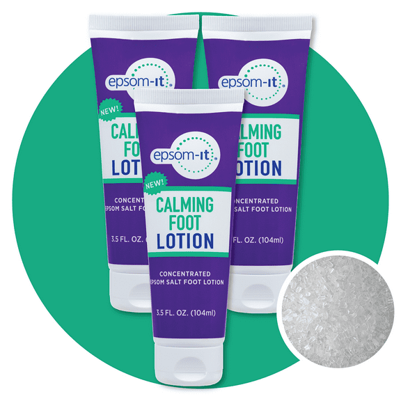 (3 pack) Epsom-It Calming Foot Lotion - Topical Magnesium Cream for Sore Feet & Ankles, Epsom Salt Magnesium Sulfate Rub with Urea, Soften Tough Skin & Cracked Heels, Leg Cramps and Achy Feet, 3.5oz