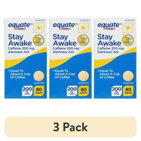(3 pack) Equate 200mg Caffeine Tablets for Increased Energy and Mental Focus, 80 Count