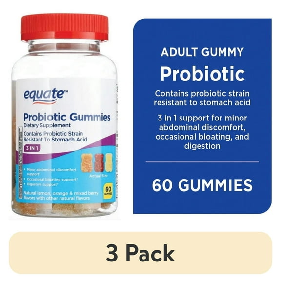 (3 pack) Equate 3-in-1 Daily Dietary Supplement Probiotic Gummies, Natural Fruit Flavors, 60 Count