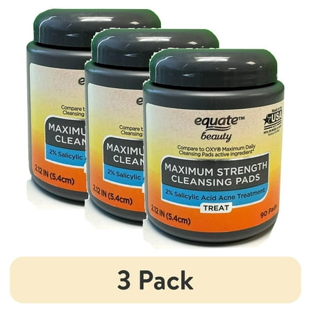 (3 pack) Equate Maximum Strength Cleansing Pads with 2% Salicylic Acid for Acne Care, 90 Count, Compare to OXY® Maximum Daily Cleansing Pads Active Ingredient