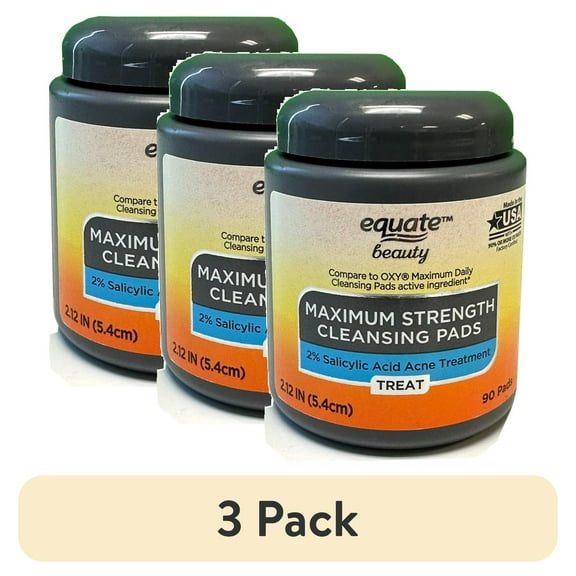 (3 pack) Equate Maximum Strength Cleansing Pads with 2% Salicylic Acid for Acne Care, 90 Count, Compare to OXY® Maximum Daily Cleansing Pads Active Ingredient