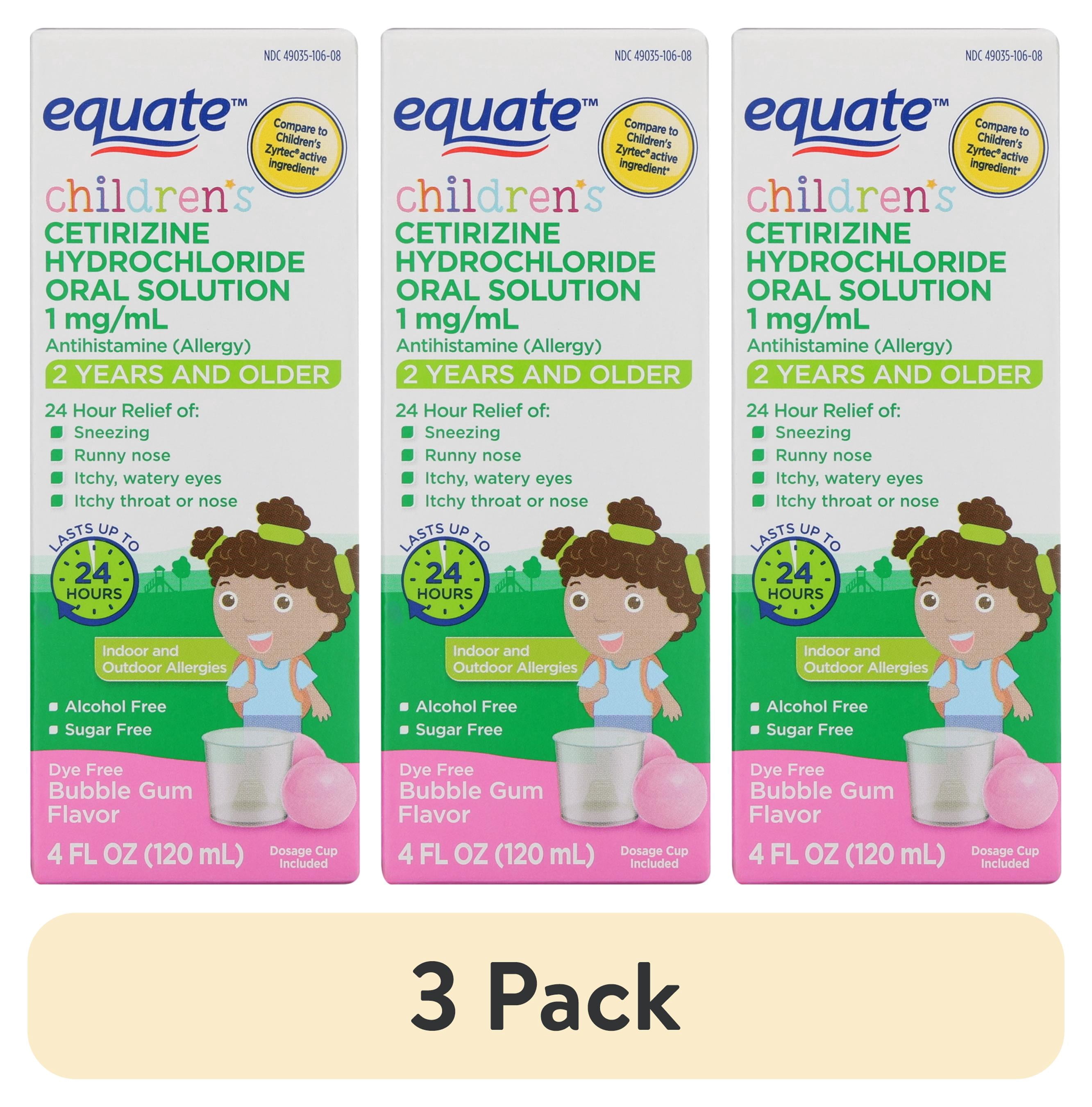 (3 pack) Equate Children's 24-Hour Cetirizine Hydrochloride Allergy Relief Oral Solution, 1 mg, Bubble Gum Flavor, Ages 2 Years and Older, 4 fl oz, Compare to Children's ZyrtecÂ® Active Ingredient