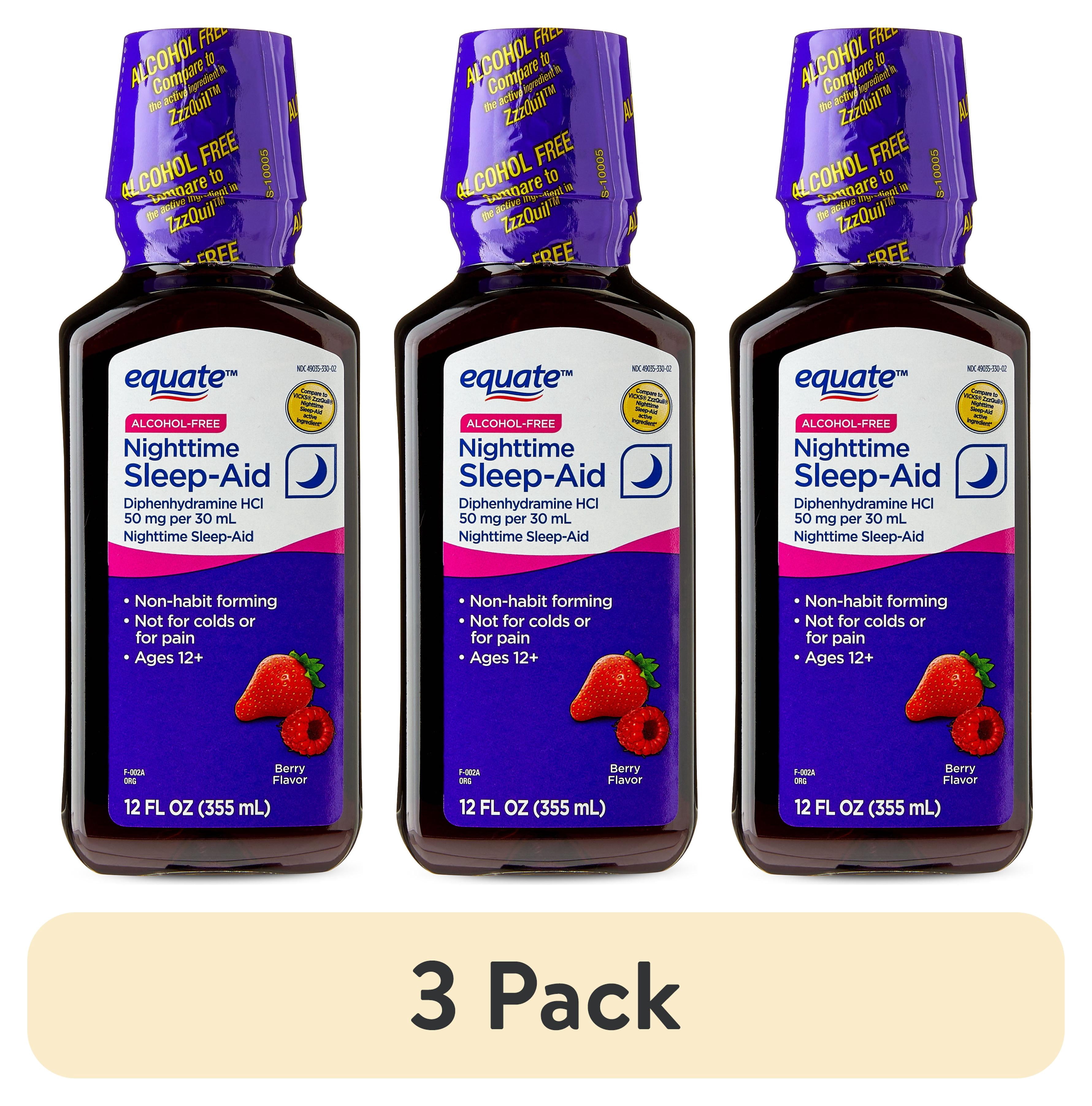 (3 pack) Equate Alcohol-Free Nighttime Sleep Aid Diphenhydramine 50 mg Liquid, Berry Flavor,12 fl oz , Compare to VICKS® ZzzQuil ®Nighttime Sleep-Aid Active Ingredient