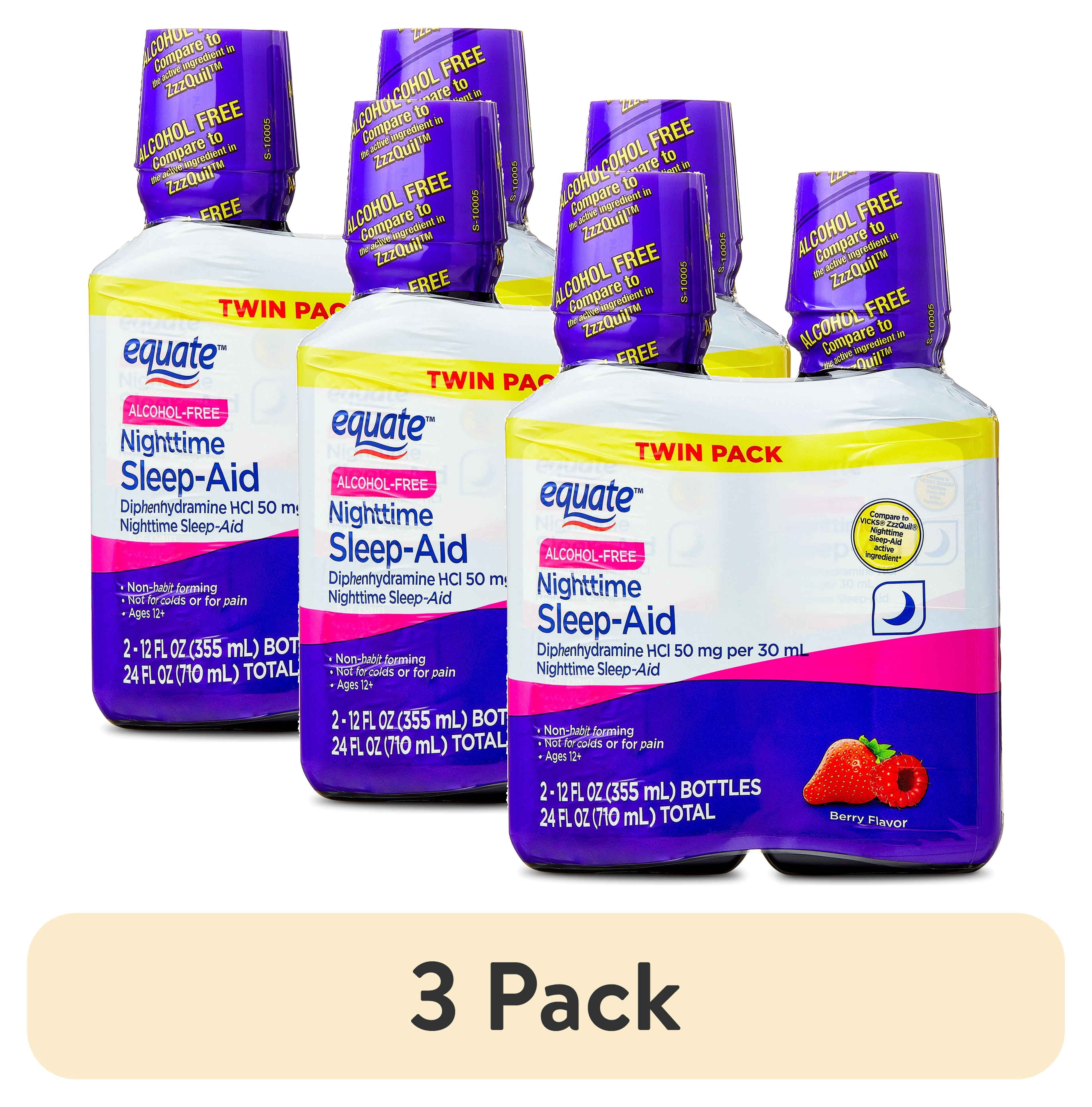 (3 pack) Equate Alcohol-Free Nighttime Sleep Aid Diphenhydramine 50 mg Liquid, Berry Flavor,24 fl oz (2 x 12 fl oz), Compare to VICKS® ZzzQuil ®Nighttime Sleep-Aid Active Ingredient