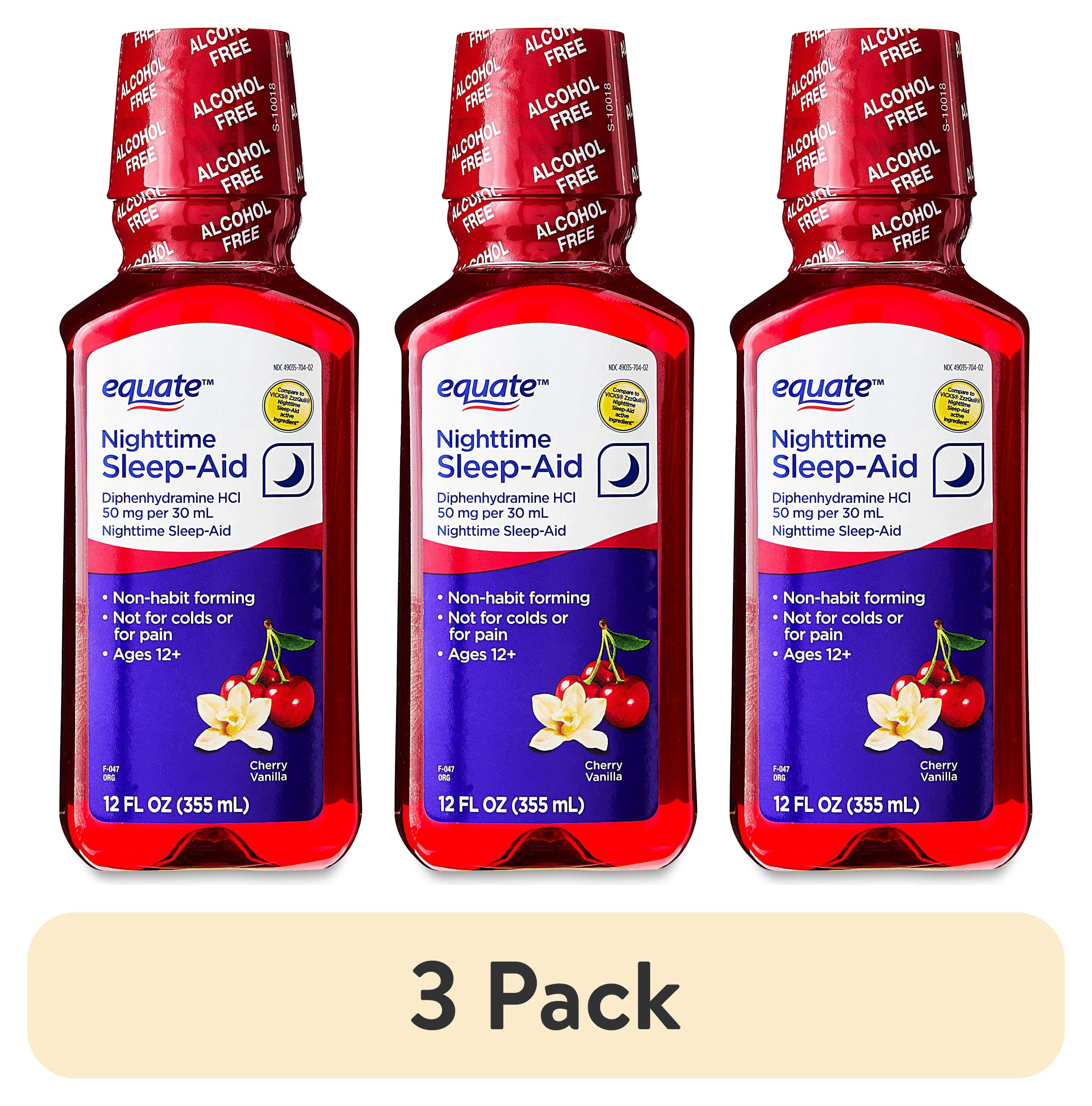 (3 pack) Equate Alcohol-FreeNighttime Sleep Aid Diphenhydramine 50 mg Liquid, Cherry Vanilla Flavor, 12 fl oz, Compare to VICKS® ZzzQuil ®Nighttime Sleep-Aid Active Ingredient