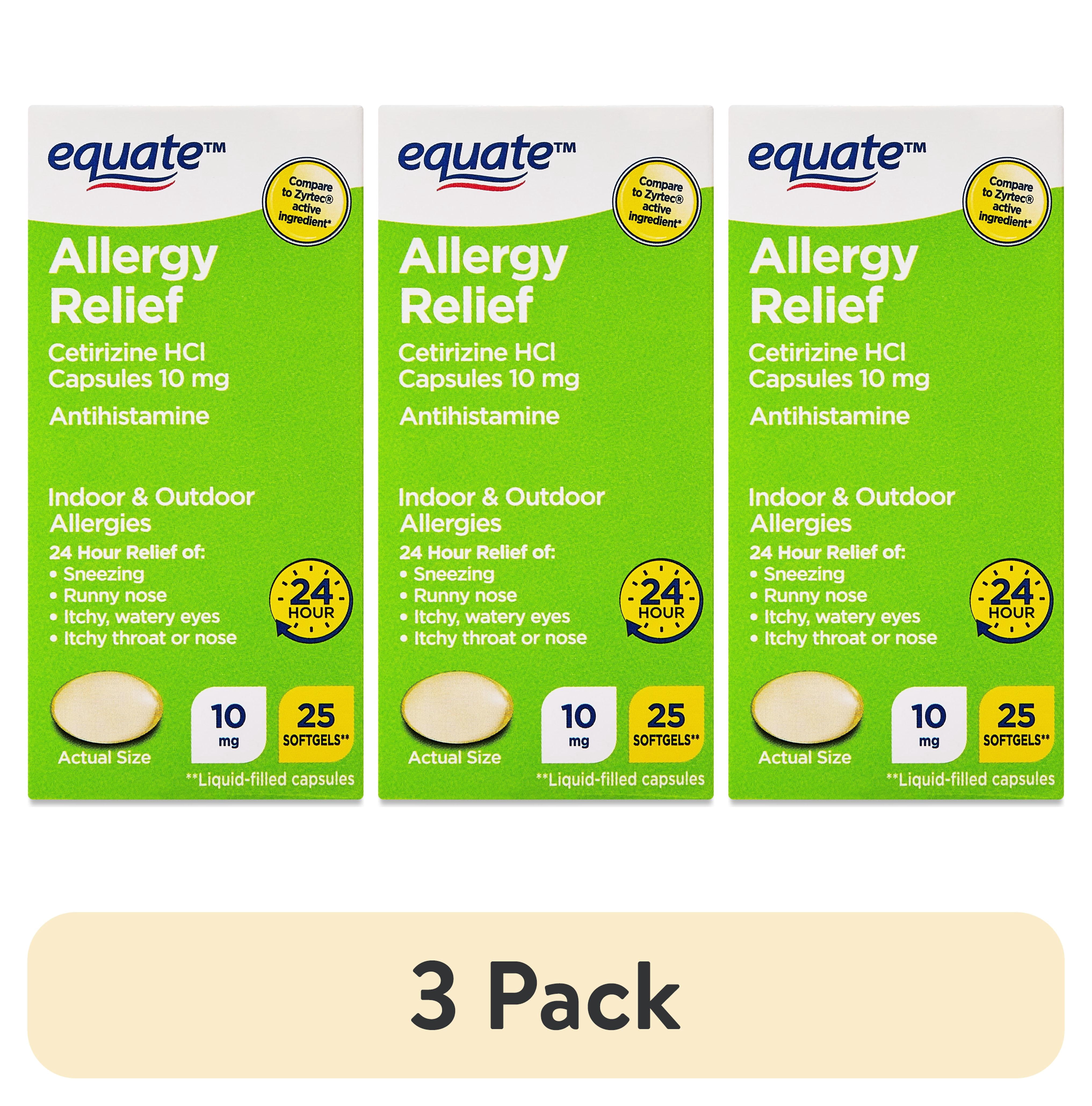 (3 pack) Equate Allergy Relief Cetirizine HCl Softgels, 25 Count, Compare to Zyrtec® Active Ingredient