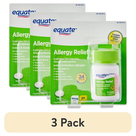 (3 pack) Equate Allergy Relief Cetirizine HCl Soft gels, 25 Count Compare to Zyrtec® Active Ingredient