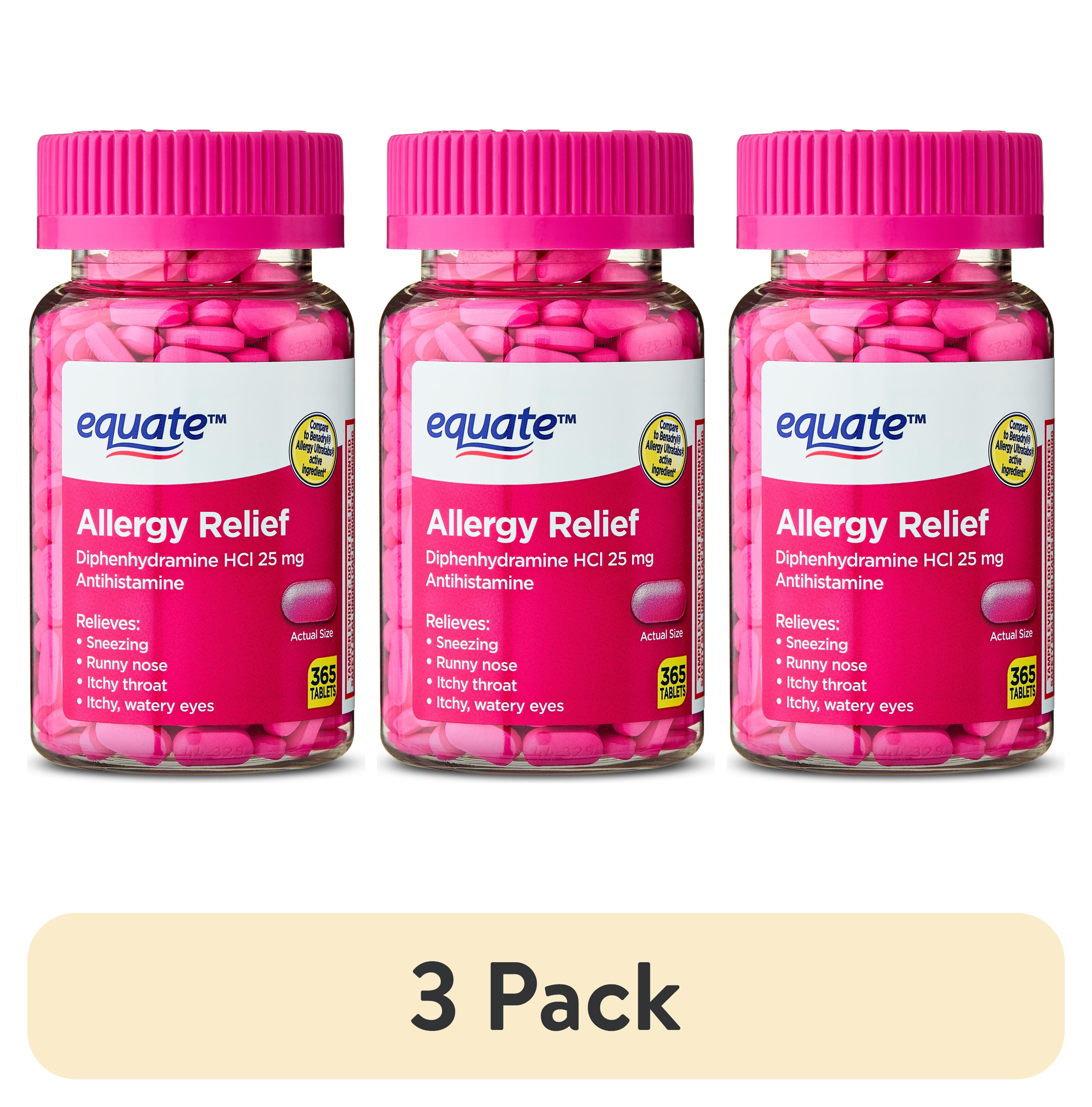 (3 pack) Equate Allergy Relief Diphenhydramine HCl 25 mg Antihistamine Tablets, 365 Count, Compare to Benadryl® Allergy Ultra tab® Active Ingredient