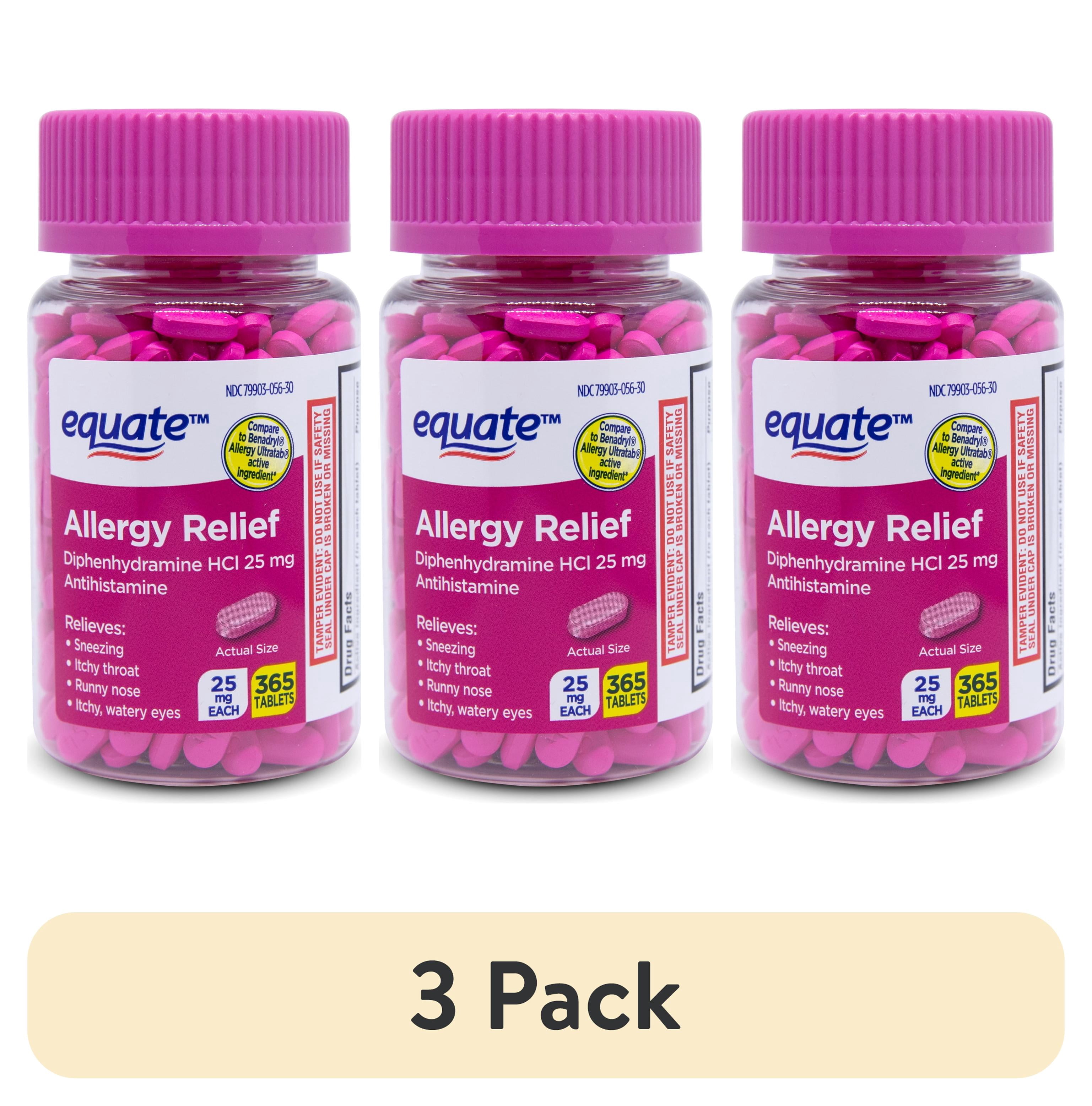 (3 pack) Equate Allergy Relief Tablets with Diphenhydramine Hcl 25mg Antihistamine, 365 Count