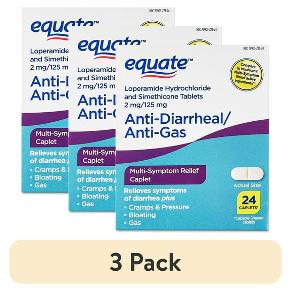 (3 pack) Equate Anti-Diarrheal/Anti-Gas Multi-Symptom Relief 2mg/125mg Caplets, 24 Count, Compare to Imodium Multi-Symptom Relief Active Ingredients