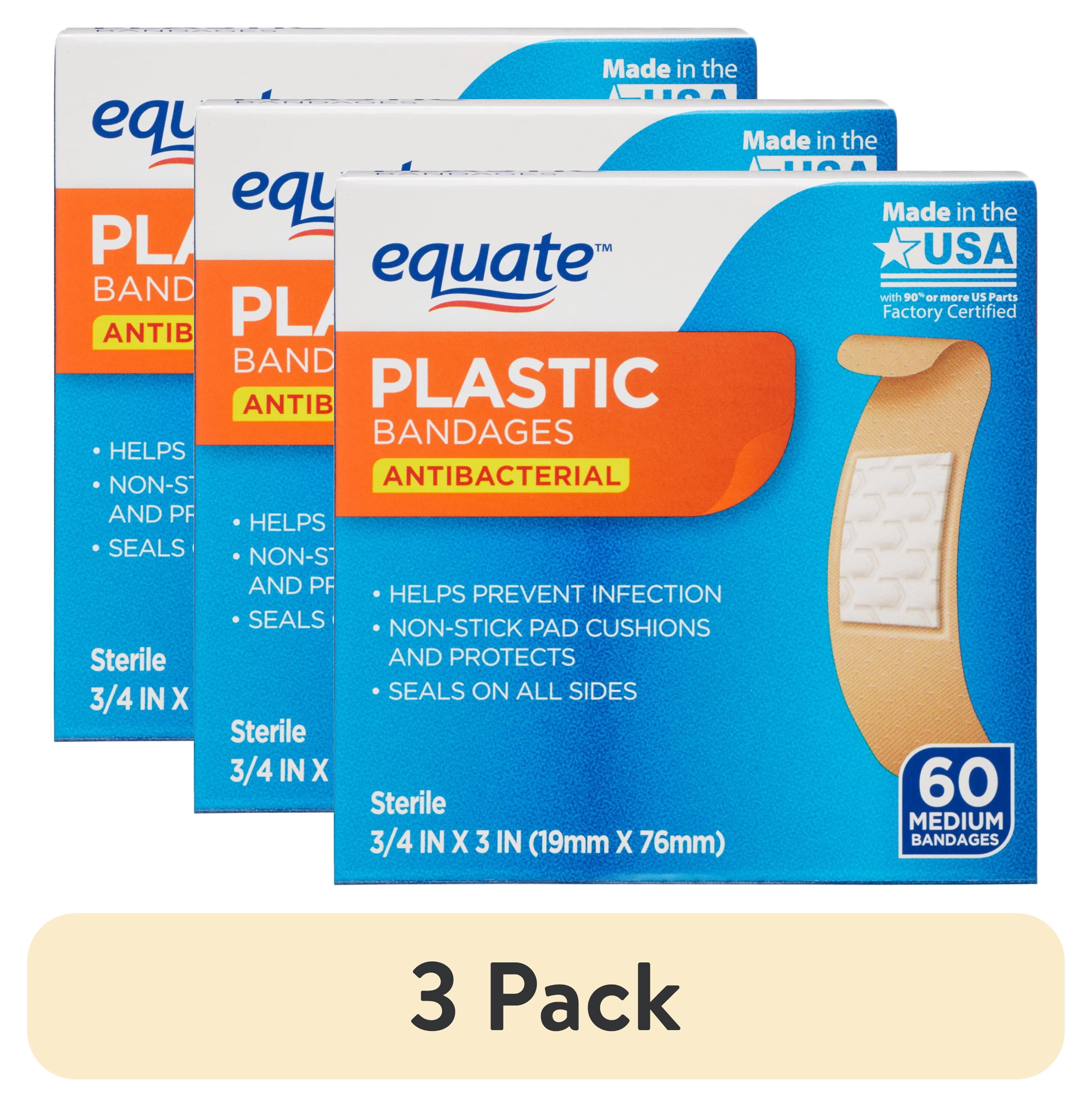 (3 pack) Equate Antibacterial Medium Plastic Bandages, 60 count