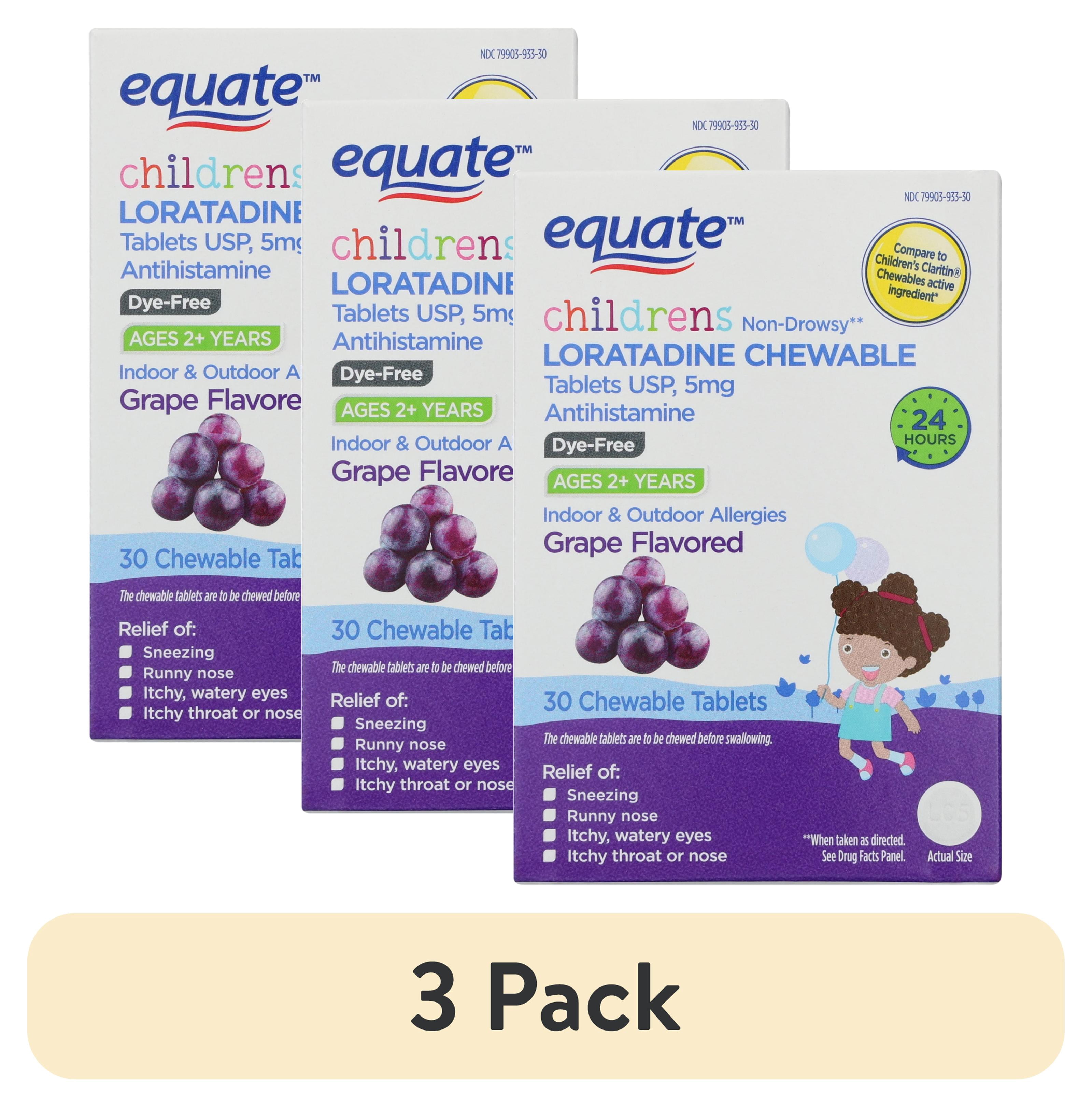 (3 pack) Equate Children's Non-Drowsy Loratadine Antihistamine Chewable Tablets, Grape Flavor, 5 mg, 30 Count
