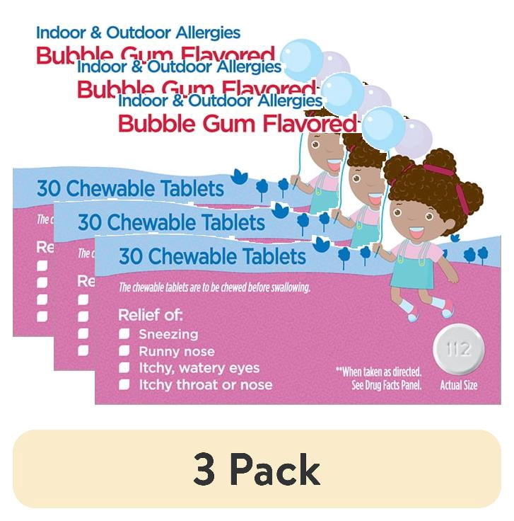 (3 pack) Equate Children's Non-Drowsy Loratadine Antihistamine Chewable Tablets, Bubble Gum Flavor, 5 mg, 30 Count