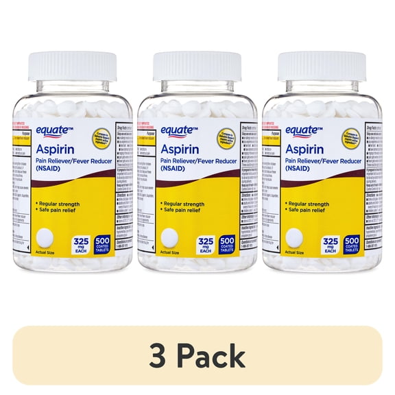 (3 pack) Equate Aspirin Pain Reliever/Fever Reducer Coated Tablets, 325mg, 500 Count, Compare to Genuine Bayer® Aspirin Active Ingedient