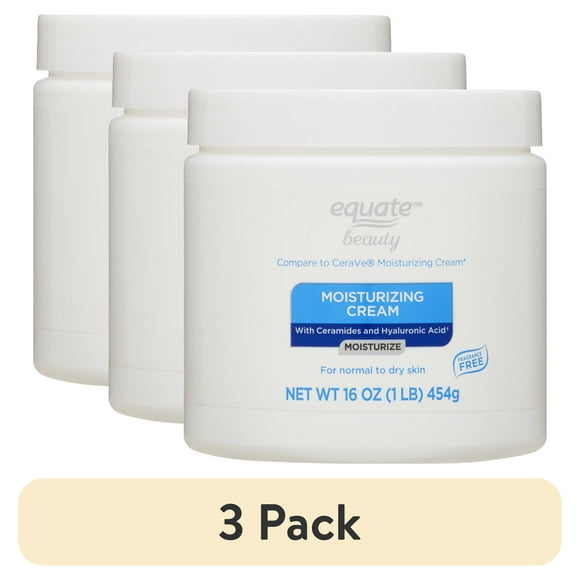 (3 pack) Equate Moisturizing Cream with Ceramides and Hyaluronic Acid for Face Care of Normal to Dry Skin, Fragrance Free, 16 oz, Compare to CeraVe® Moisturizing Cream