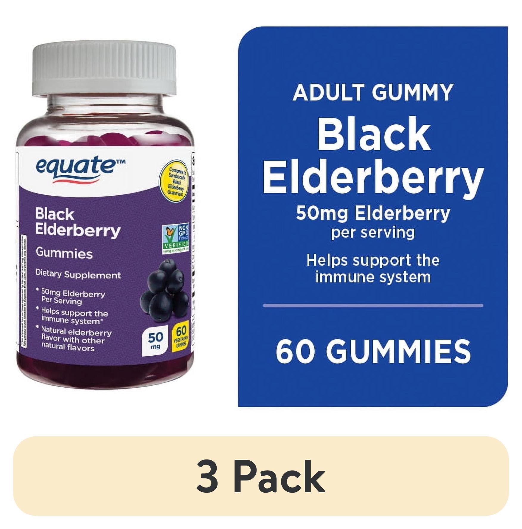 (3 pack) Equate Black Elderberry Dietary Supplement Gummies, 50 mg, 60 Count, Compare to Sambucol Black Elderberry Gummies