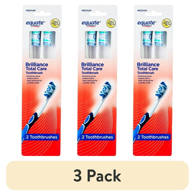 (3 pack) Equate Brilliance Total Care Toothbrushes with Tongue & Cheek Cleaner, Medium Bristles (2 Count), Compare to Colgate® 360 Advanced® Optic White®
